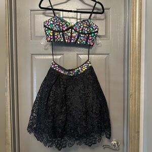 Jovani Colorful Beaded Black Lace Dress